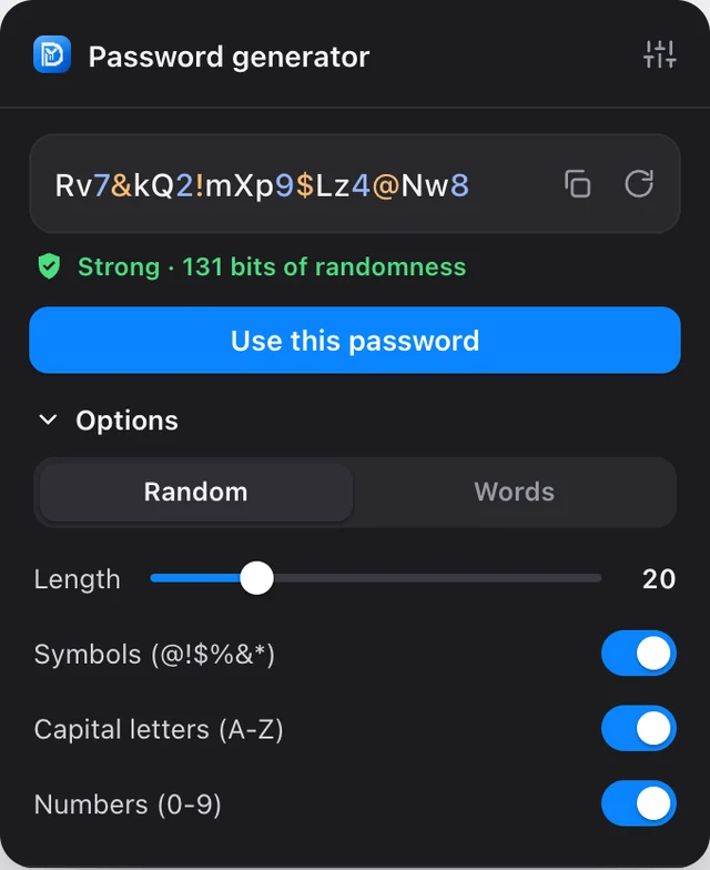The YanDunLock password generator on a sign-up form, with its options open